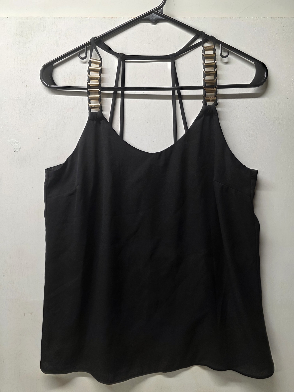 XOXO Women’s M Black Strappy Cami Top Gold Hardware Cage Back Party Blouse